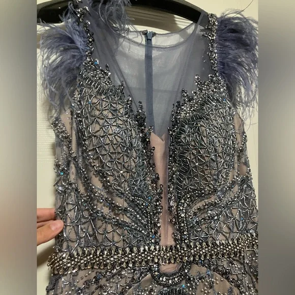 Jovani 02326 Beaded Feather Embellished Vintage Blue Dress Gown Size 10
